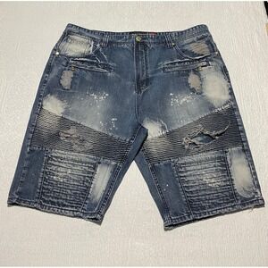 Makobi‎ Distressed Denim Shorts Mens Size 46 Blue Moto Biker Jorts Shredded